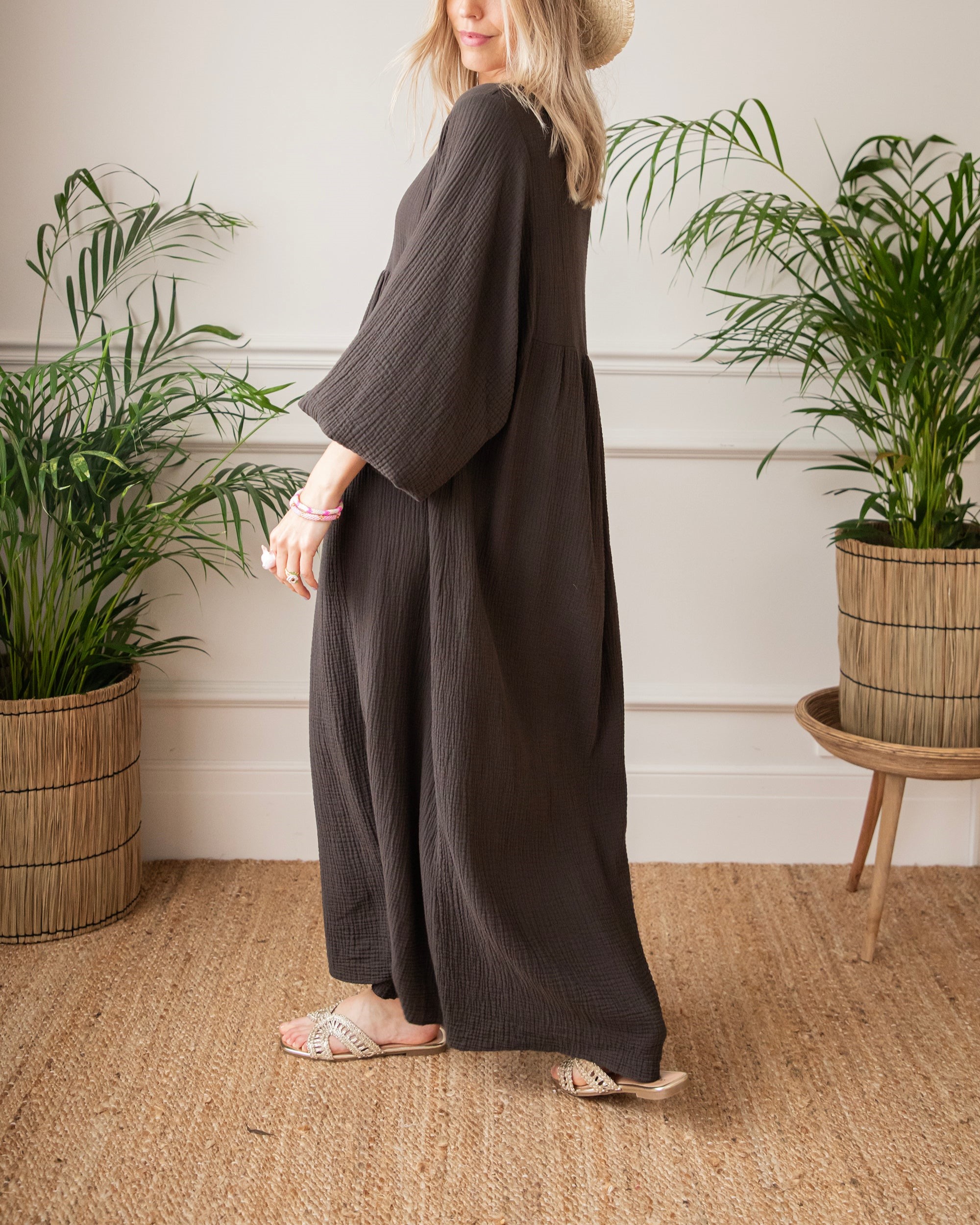V Neck Puff Long Sleeve Maxi Dress