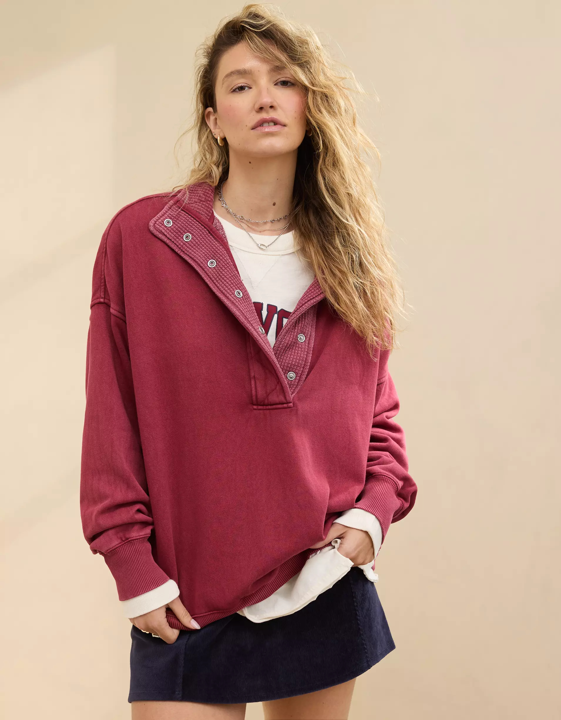 Women's Oversized Long Sleeve Quarter Snap Sweatshirt