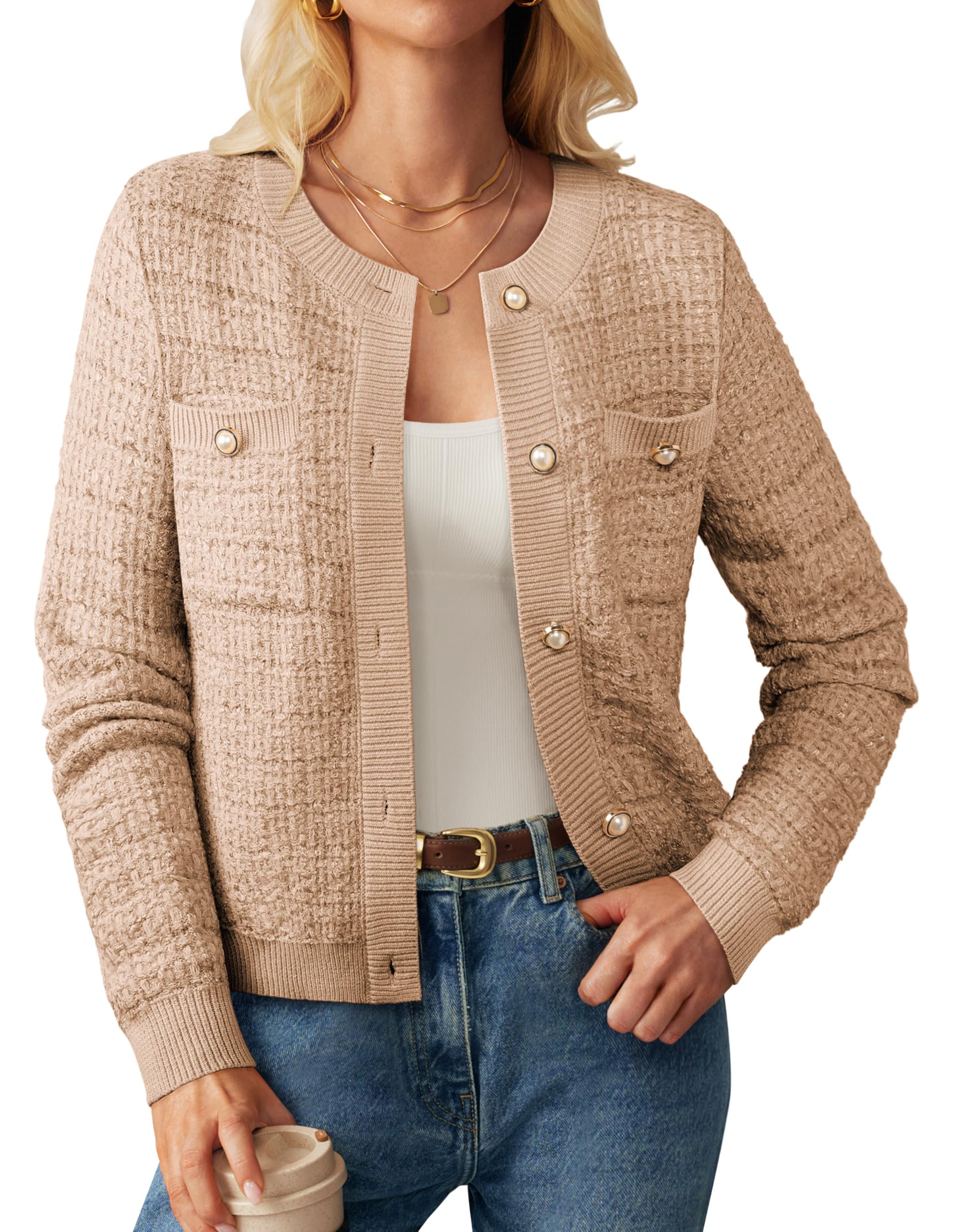 Womens Open Front Button Down Texture Knit Cardigan Sweaters with Pockets