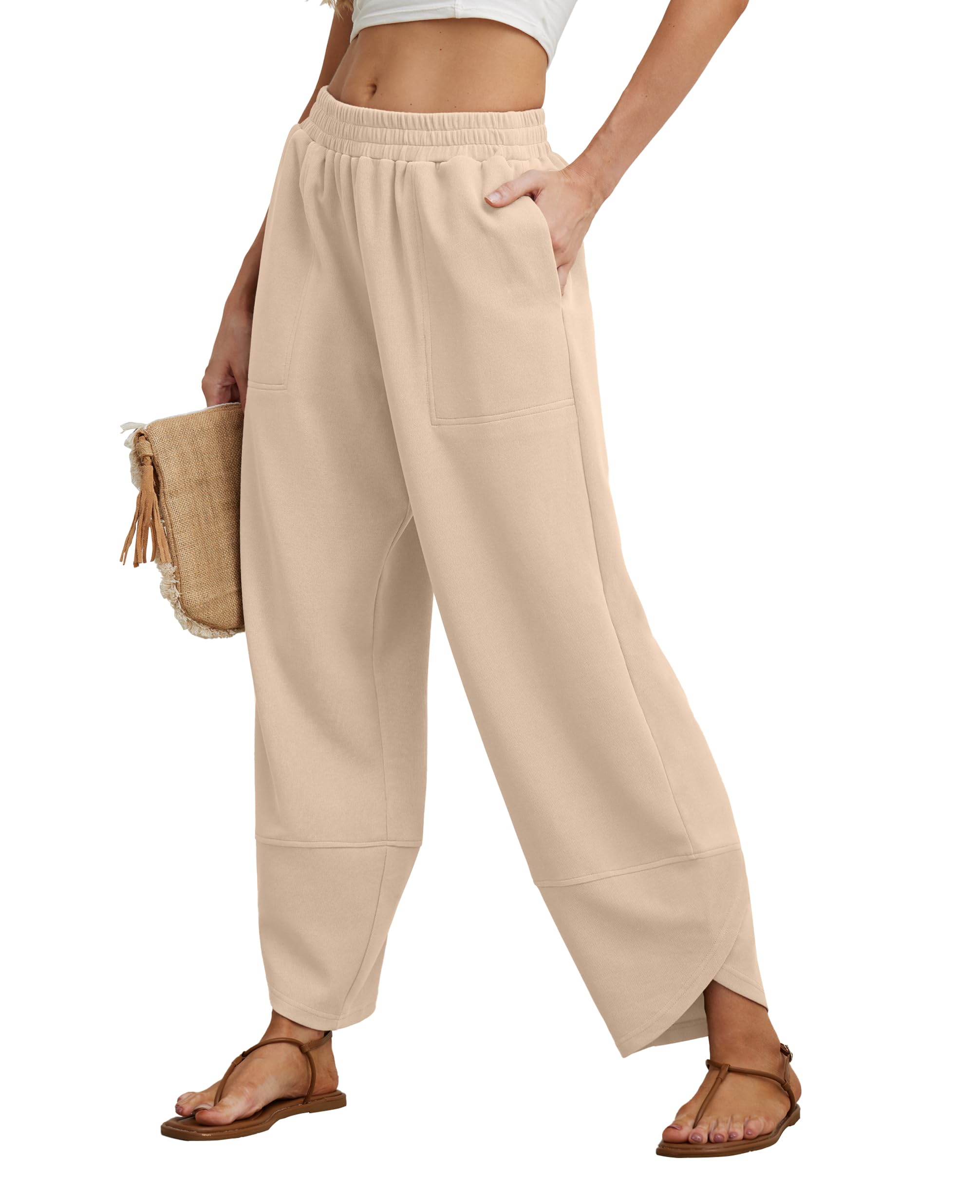 Women's Cotton Elastic Waisted Baggy Wide Leg Pants With Pockets