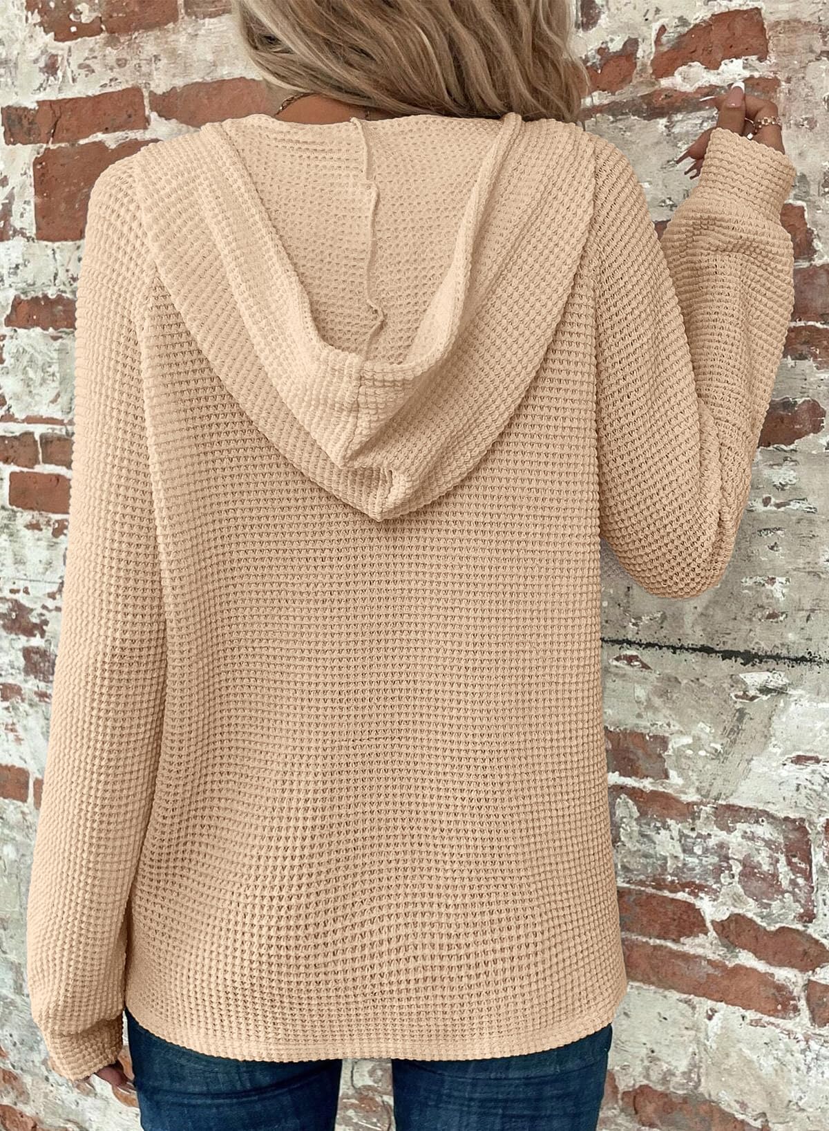 2024 New Women's Waffle Knit Drawstring Button V Neck Hooded Sweatshirt(buy 2 free shipping)