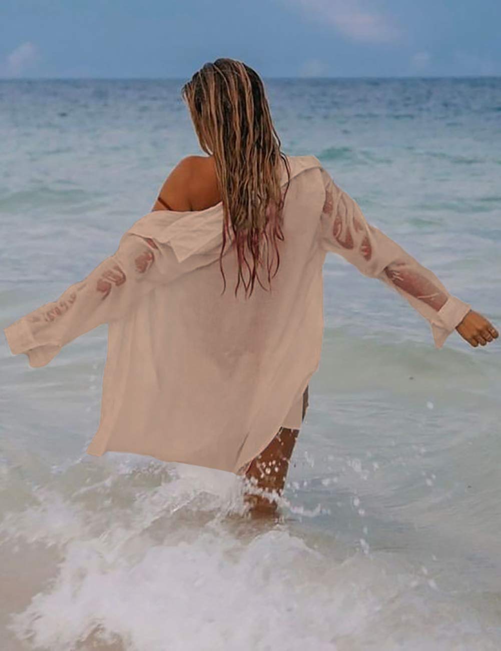 Women Long Sleeve Beach Shirt Blouses Bathing Suit Cover Up