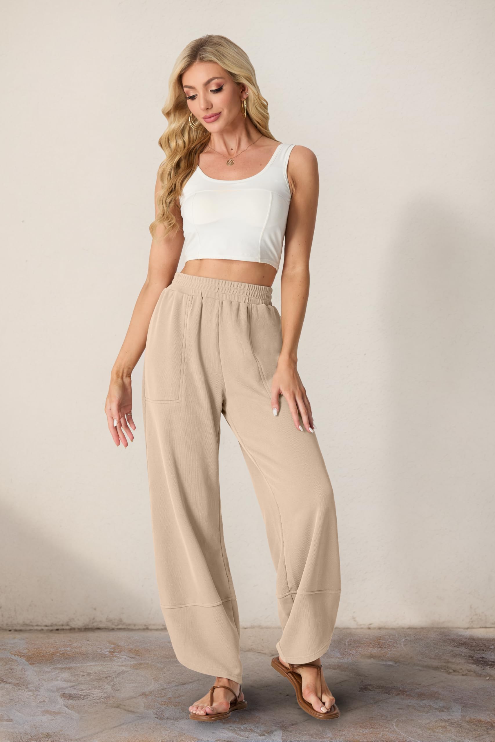 Women's Cotton Elastic Waisted Baggy Wide Leg Pants With Pockets