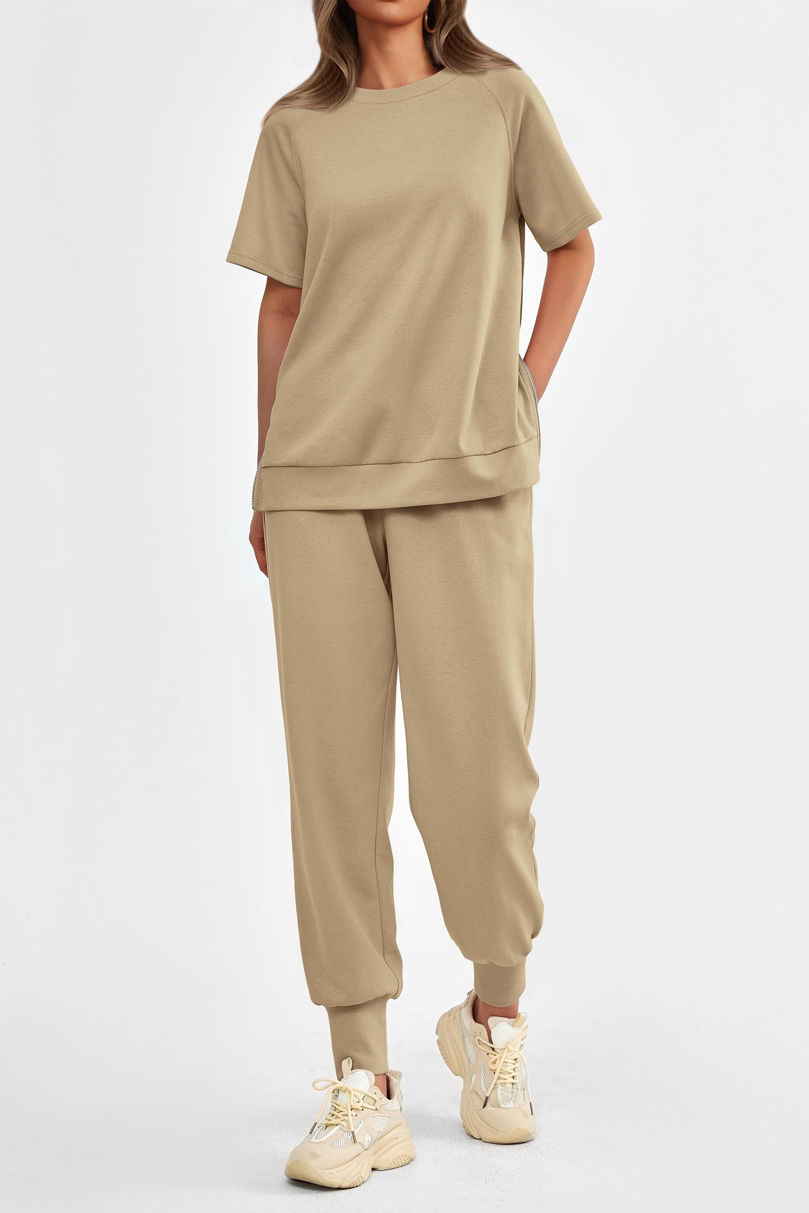 Women's Casual Short Sleeve Tops High Waisted Sweatpants Set
