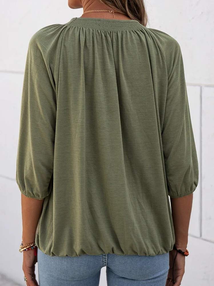 Women's Casual Cotton 3/4 Sleeve Loose Pleated Basic Tops