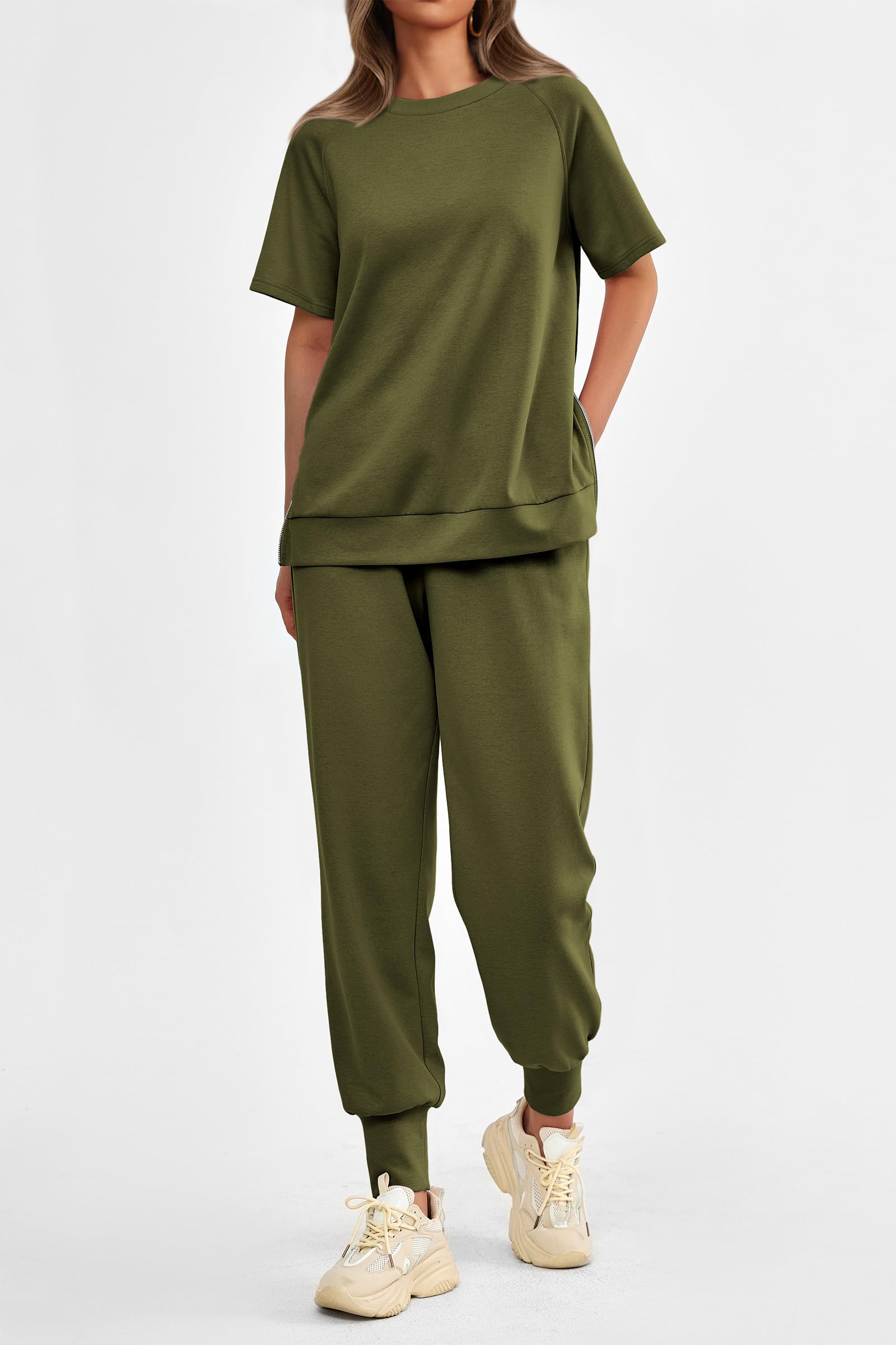 Women's Casual Short Sleeve Tops High Waisted Sweatpants Set