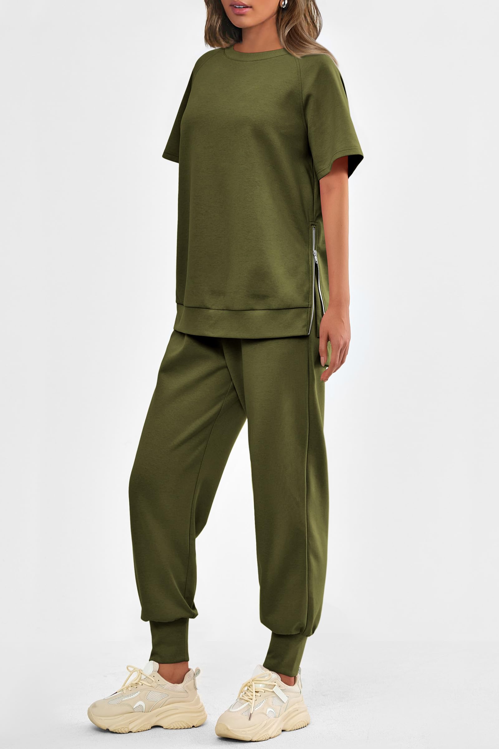 Women's Casual Short Sleeve Tops High Waisted Sweatpants Set