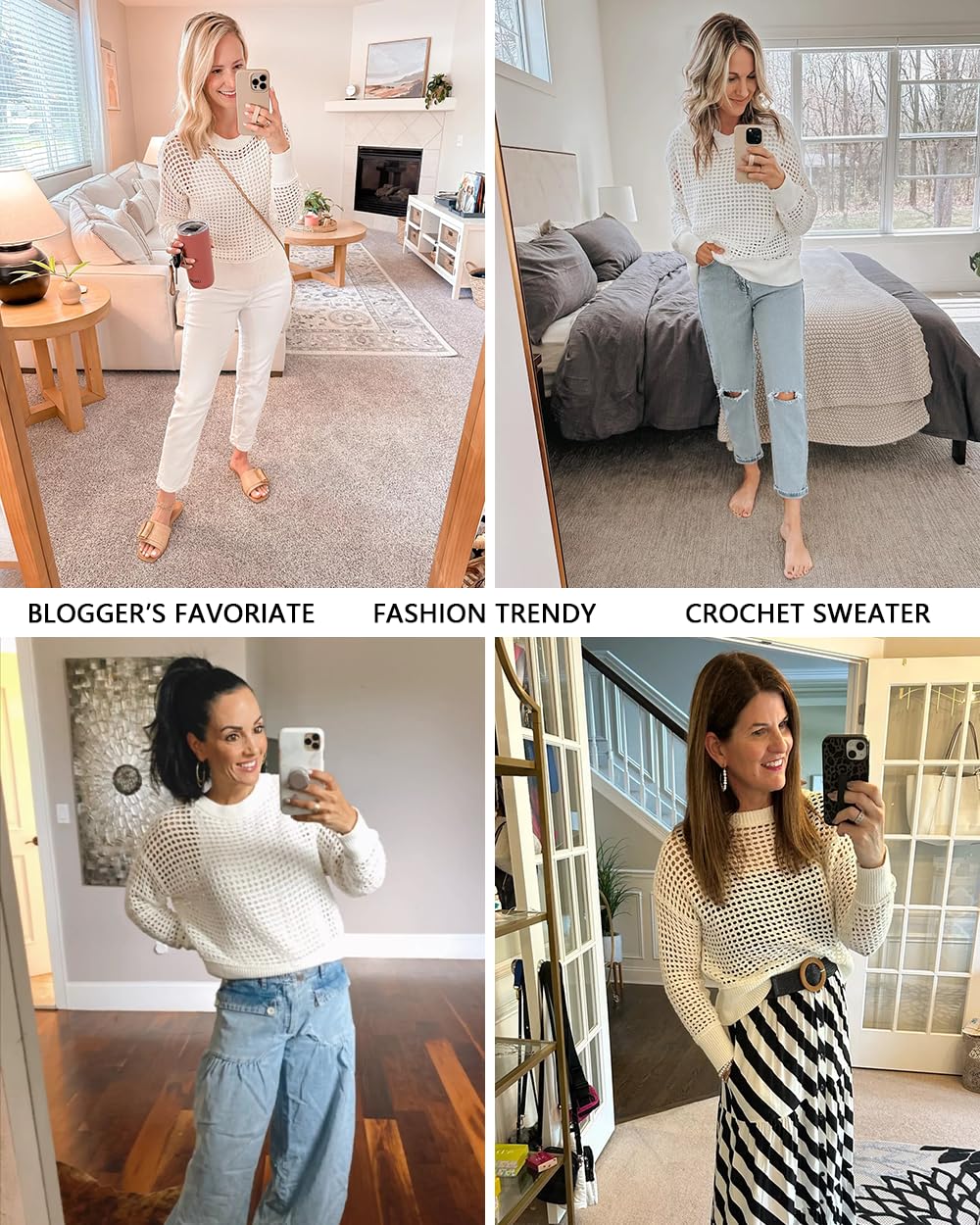 Women's Crochet Crewneck Lightweight Hollow Out Long Sleeve Sexy Knit Sweater