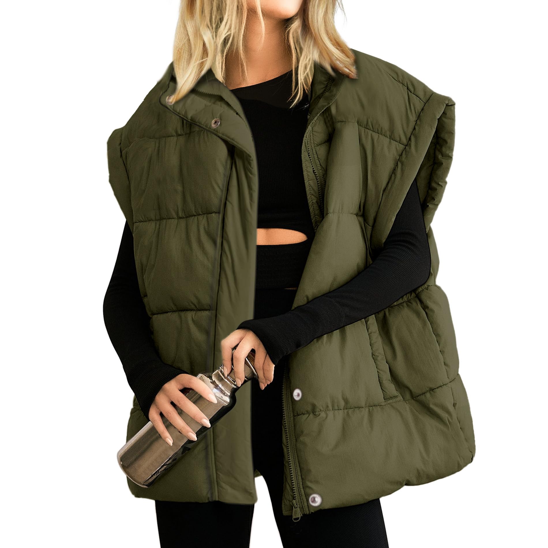 Women's Oversized Stand Collar Full Zip Puffer Vest