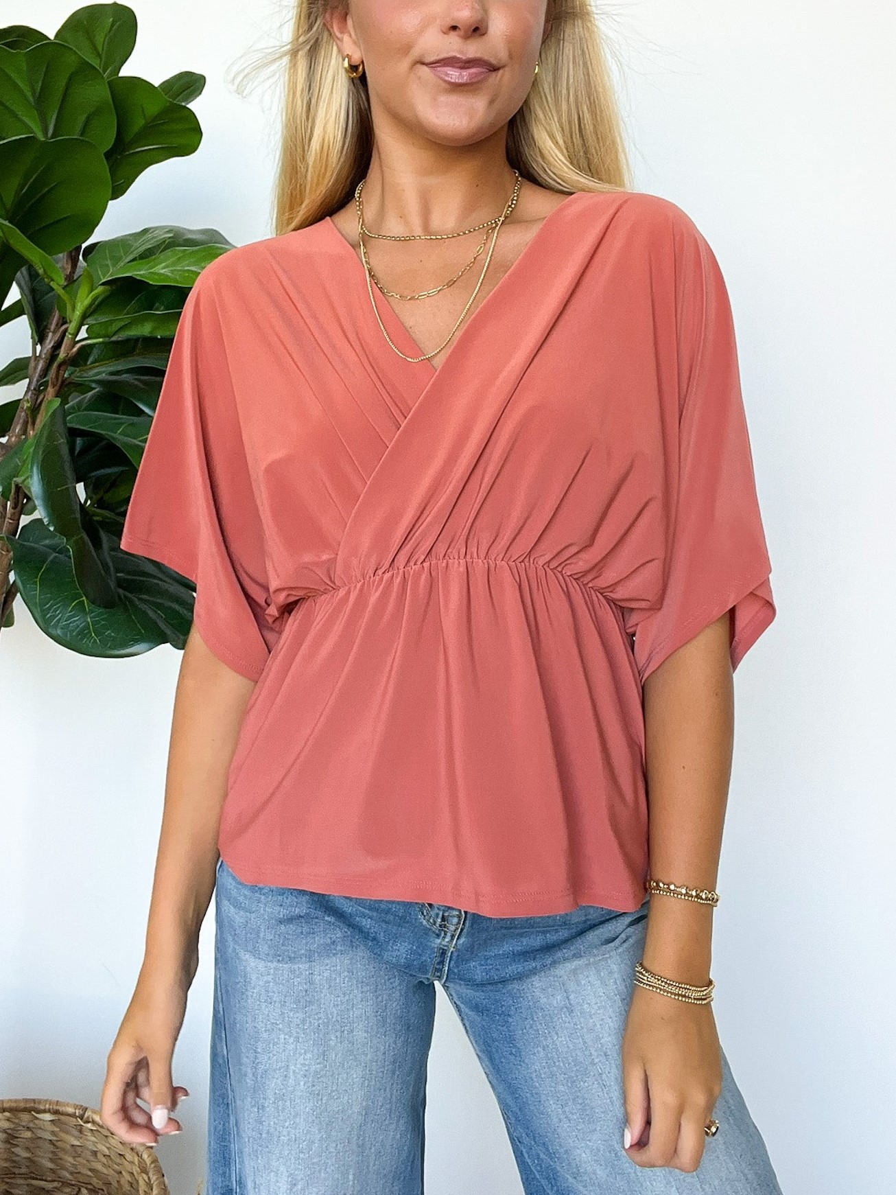 HOT SALE V Neck Solid Surplice Flowy Tunic Top