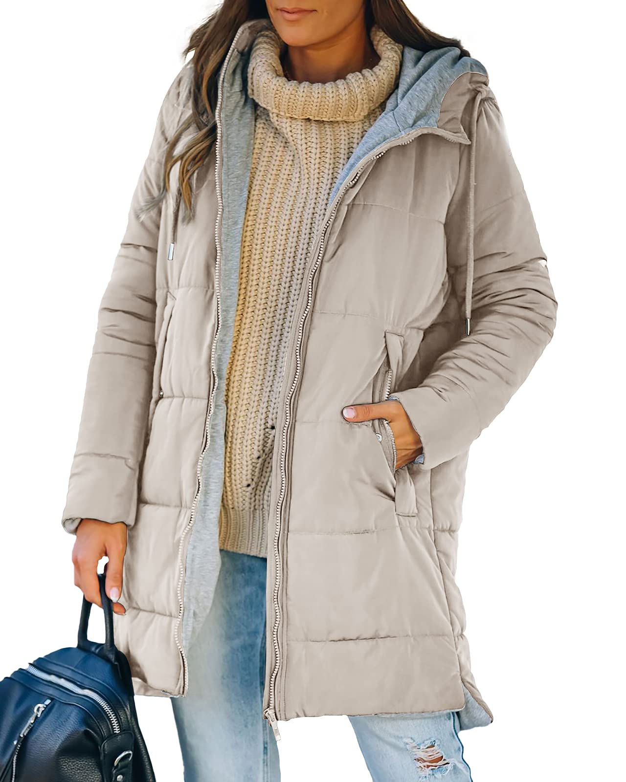 Women's Mid Quilted Down Jacket with Hood & Pockets