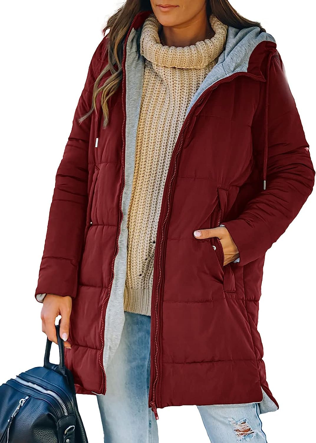 Women's Mid Quilted Down Jacket with Hood & Pockets