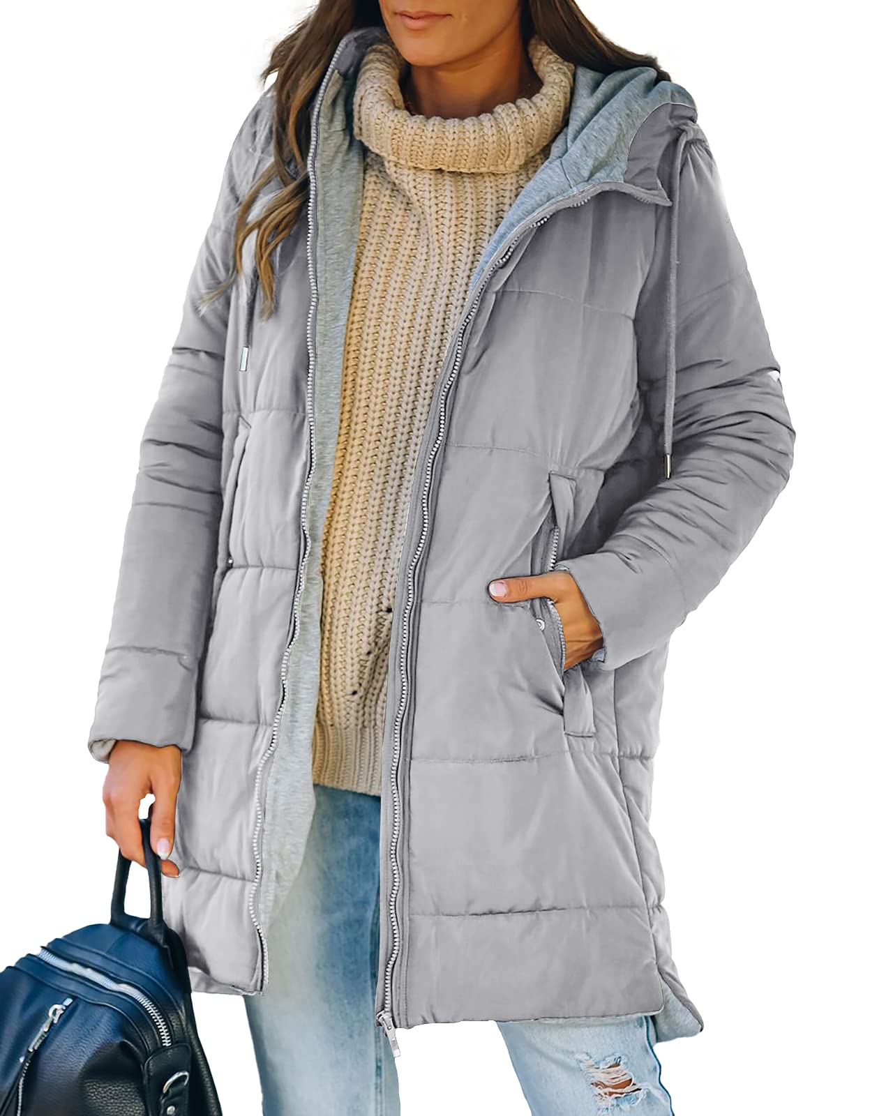 Women's Mid Quilted Down Jacket with Hood & Pockets