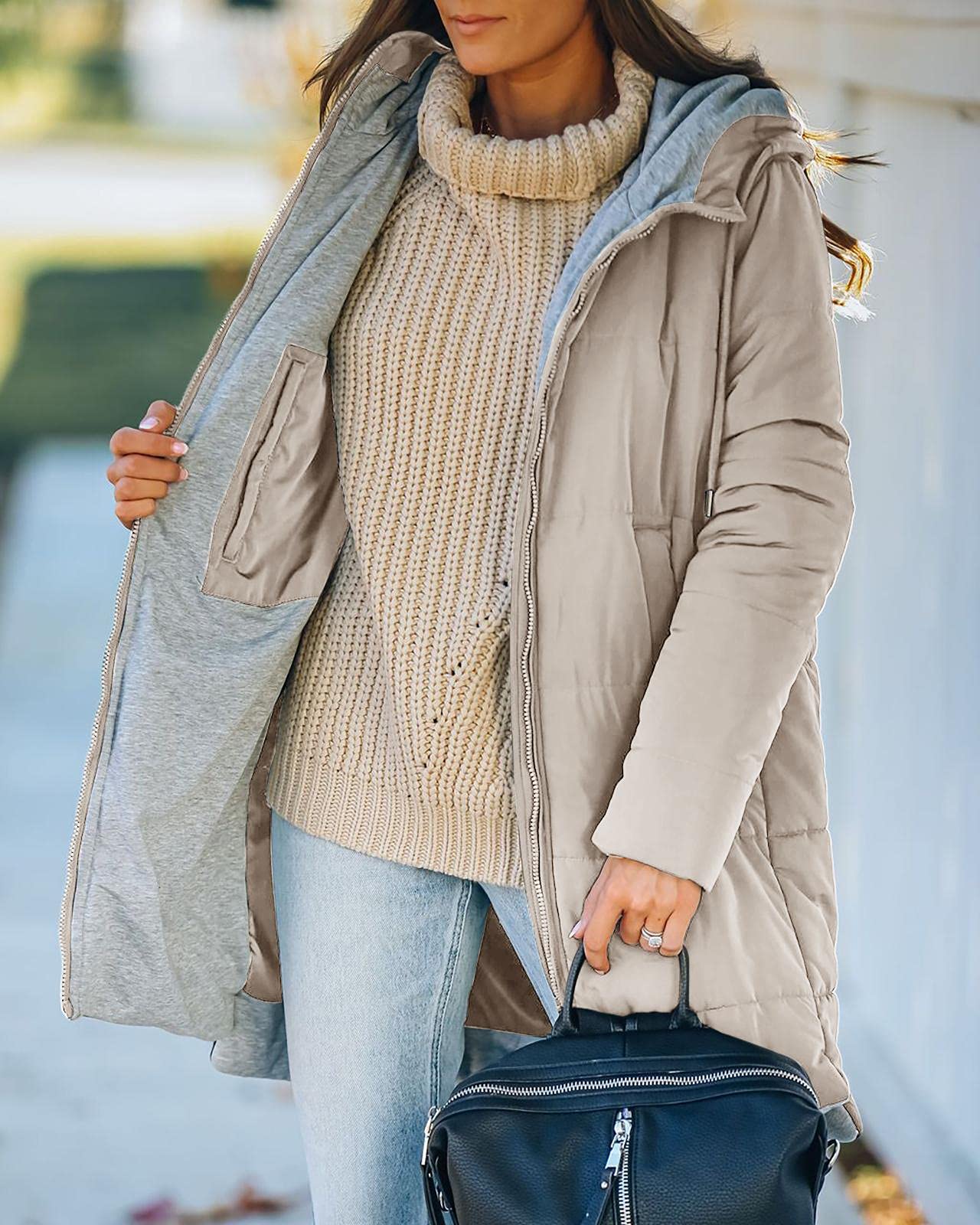 Women's Mid Quilted Down Jacket with Hood & Pockets