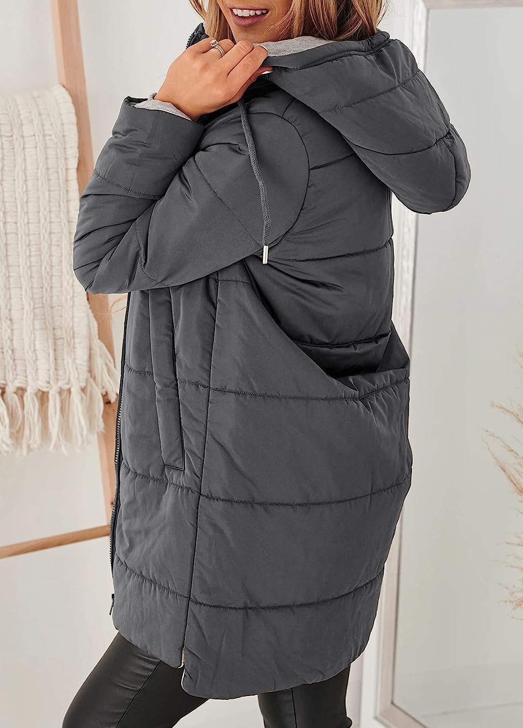 Women's Mid Quilted Down Jacket with Hood & Pockets