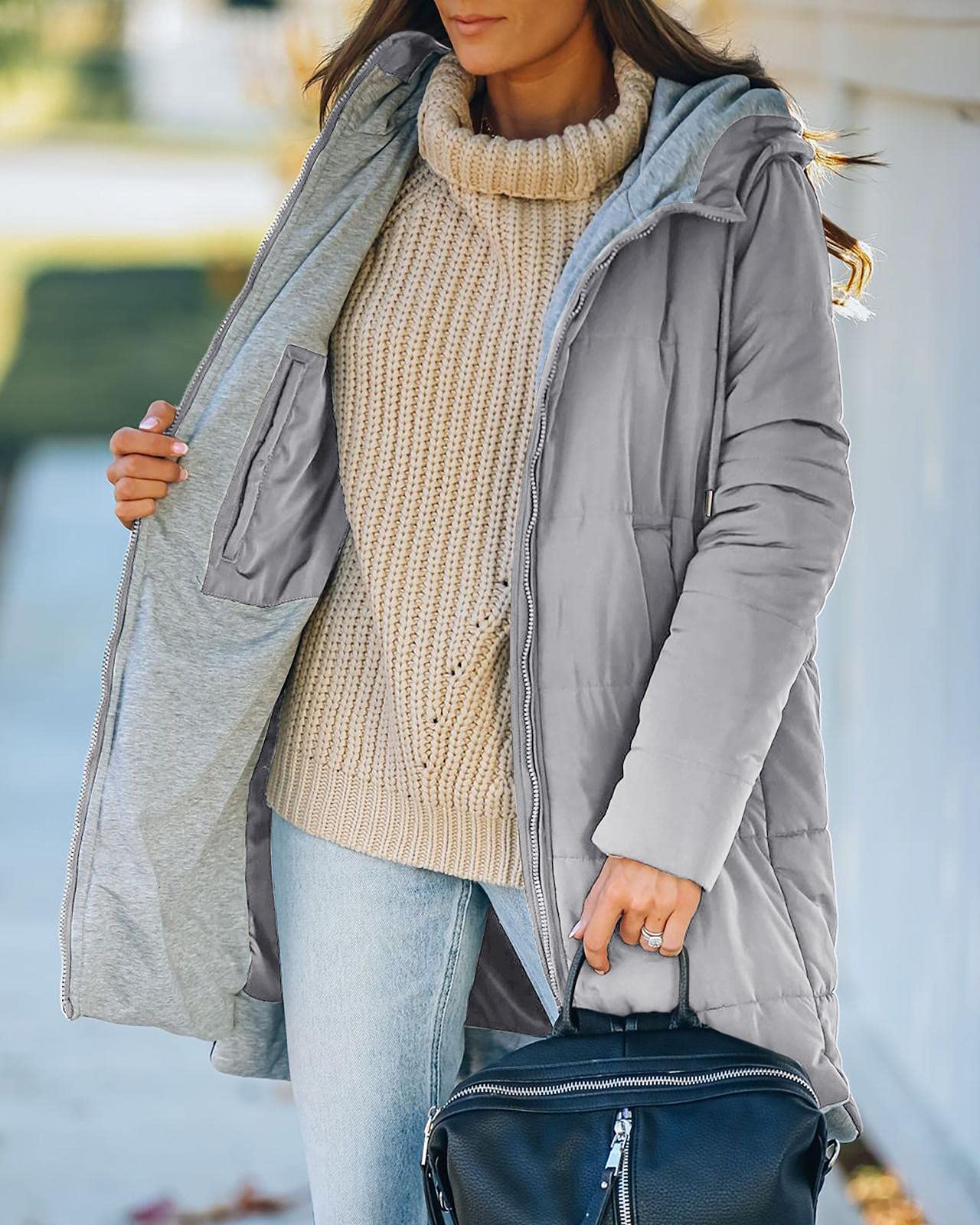 Women's Mid Quilted Down Jacket with Hood & Pockets