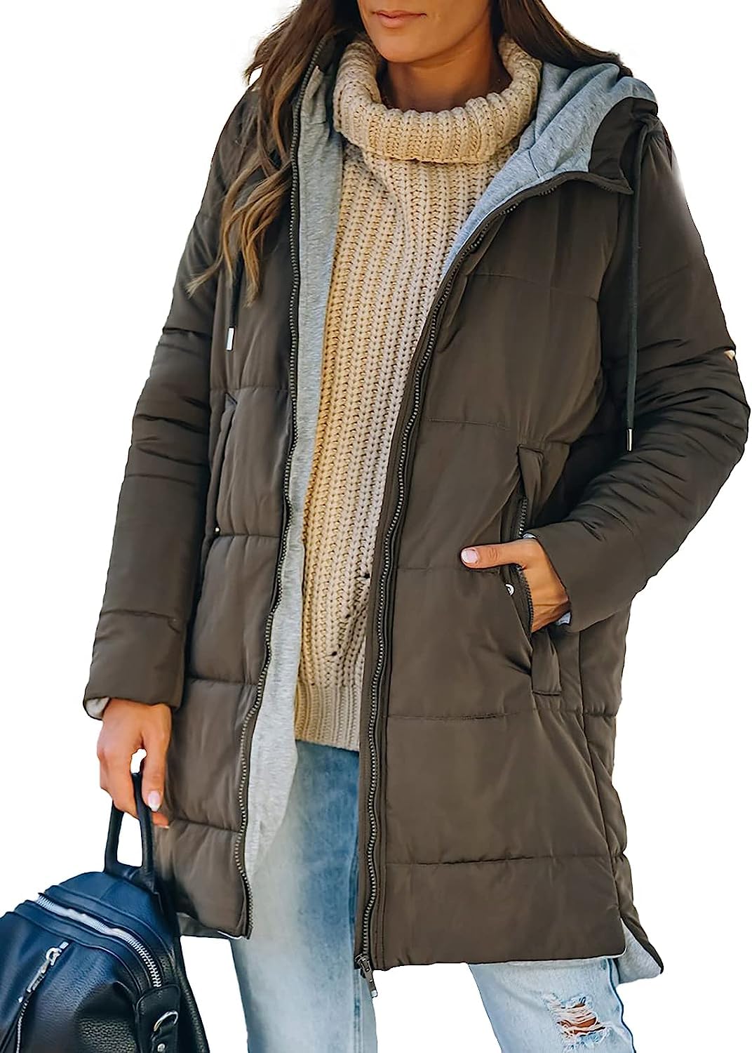 Women's Mid Quilted Down Jacket with Hood & Pockets