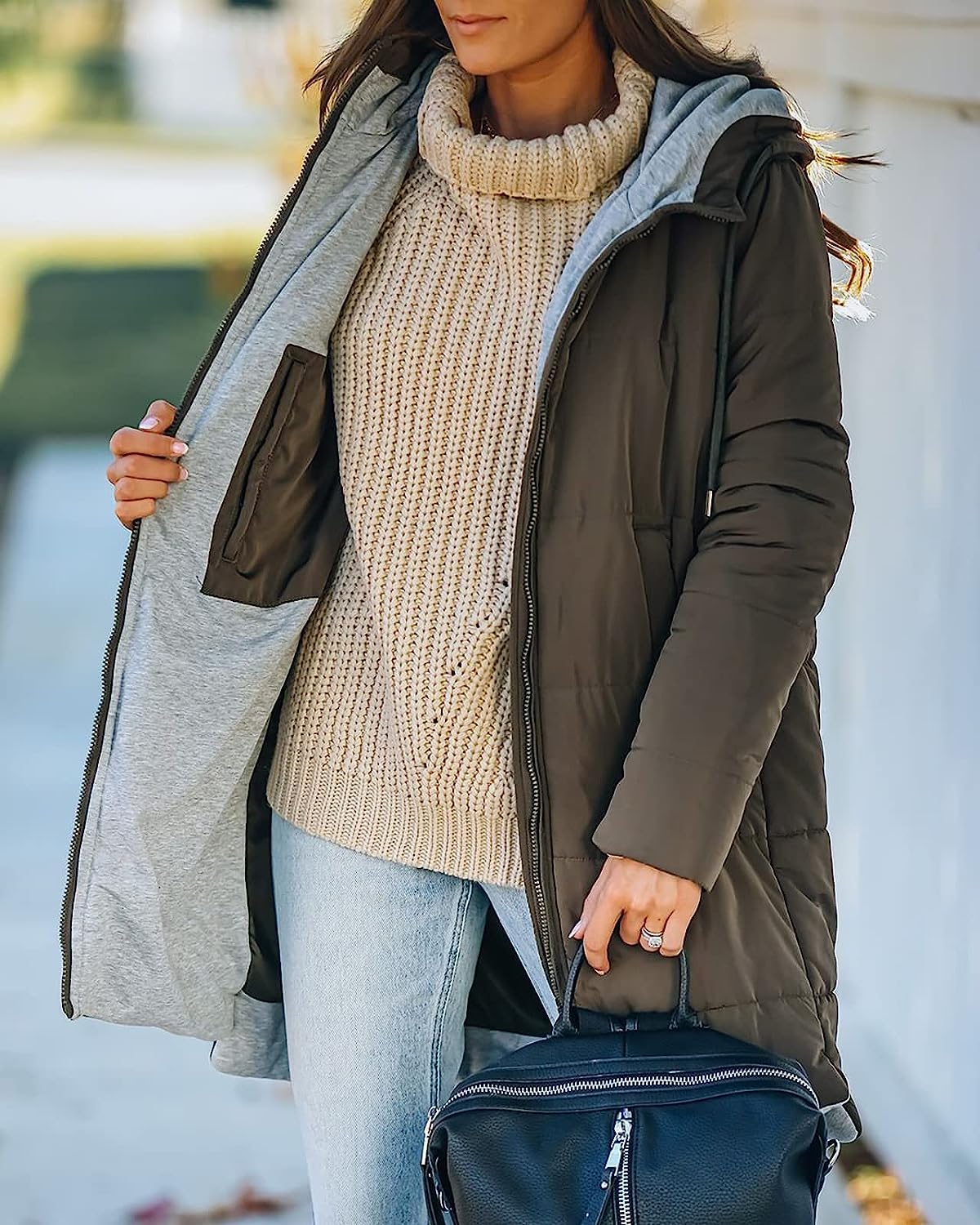 Women's Mid Quilted Down Jacket with Hood & Pockets