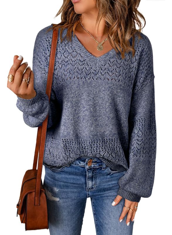 Womens Casual Long Sleeve V Neck Lightweight Crochet Pullover Sweater