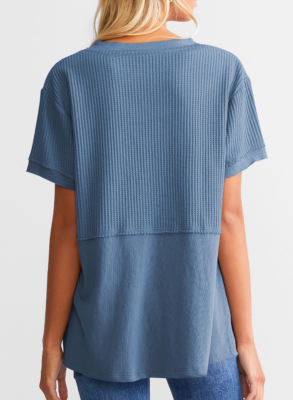 2025 New Women's Casual V Neck Waffle Knit Tops Short Sleeve T Shirts(buy 2 free shipping)