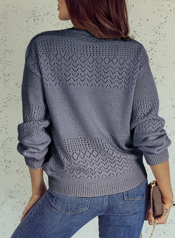 Womens Casual Long Sleeve V Neck Lightweight Crochet Pullover Sweater