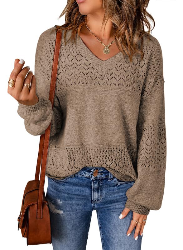 Womens Casual Long Sleeve V Neck Lightweight Crochet Pullover Sweater