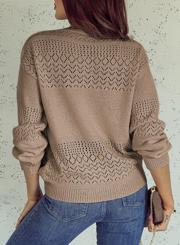 Womens Casual Long Sleeve V Neck Lightweight Crochet Pullover Sweater