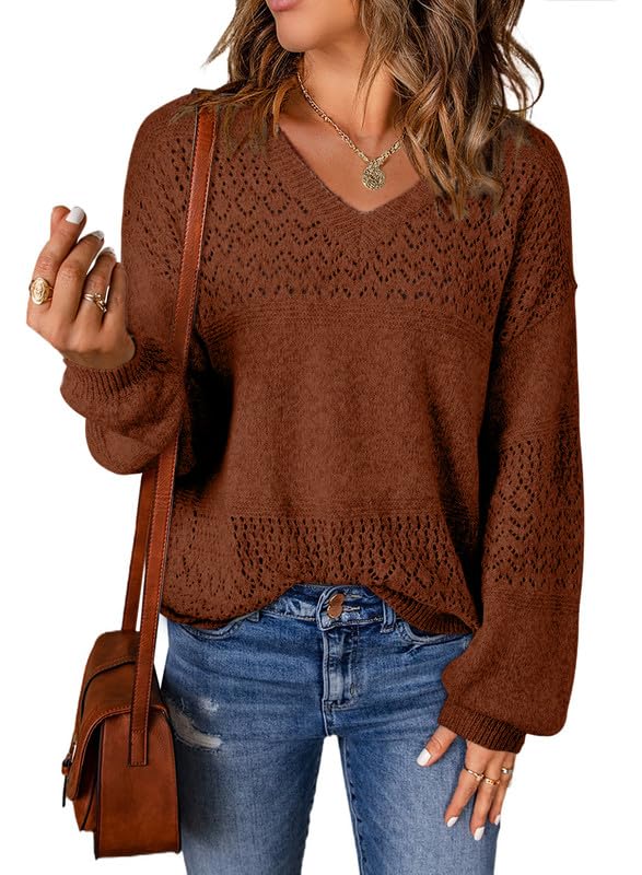 Womens Casual Long Sleeve V Neck Lightweight Crochet Pullover Sweater