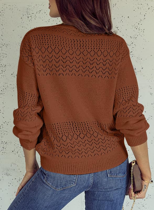 Womens Casual Long Sleeve V Neck Lightweight Crochet Pullover Sweater