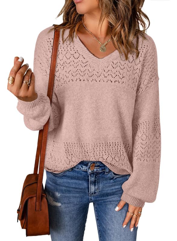 Womens Casual Long Sleeve V Neck Lightweight Crochet Pullover Sweater