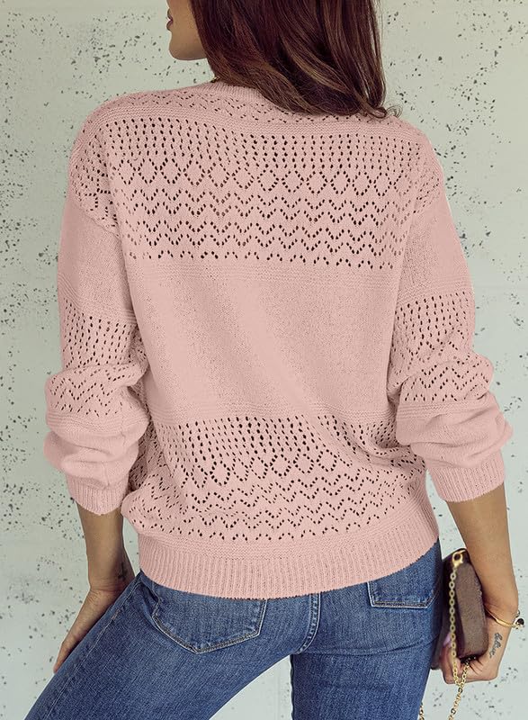 Womens Casual Long Sleeve V Neck Lightweight Crochet Pullover Sweater