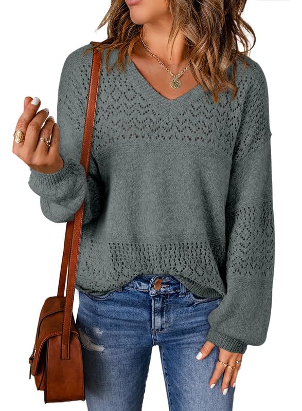 Womens Casual Long Sleeve V Neck Lightweight Crochet Pullover Sweater