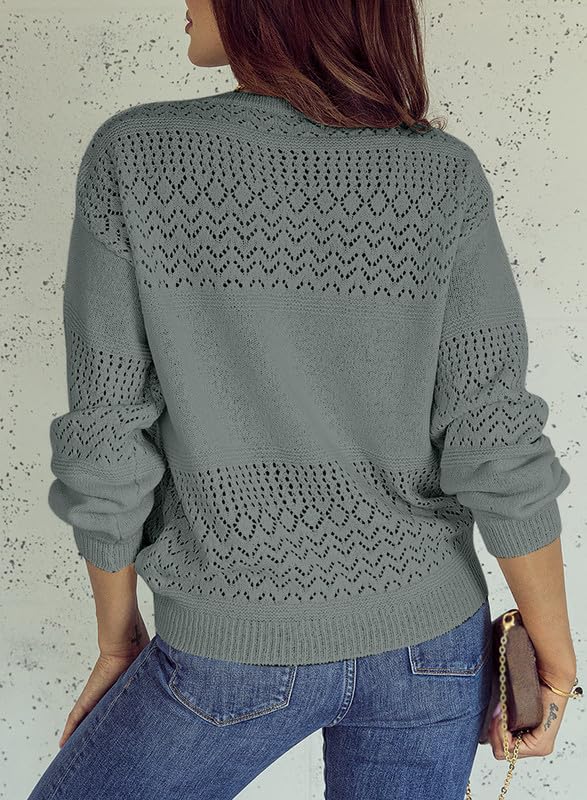 Womens Casual Long Sleeve V Neck Lightweight Crochet Pullover Sweater
