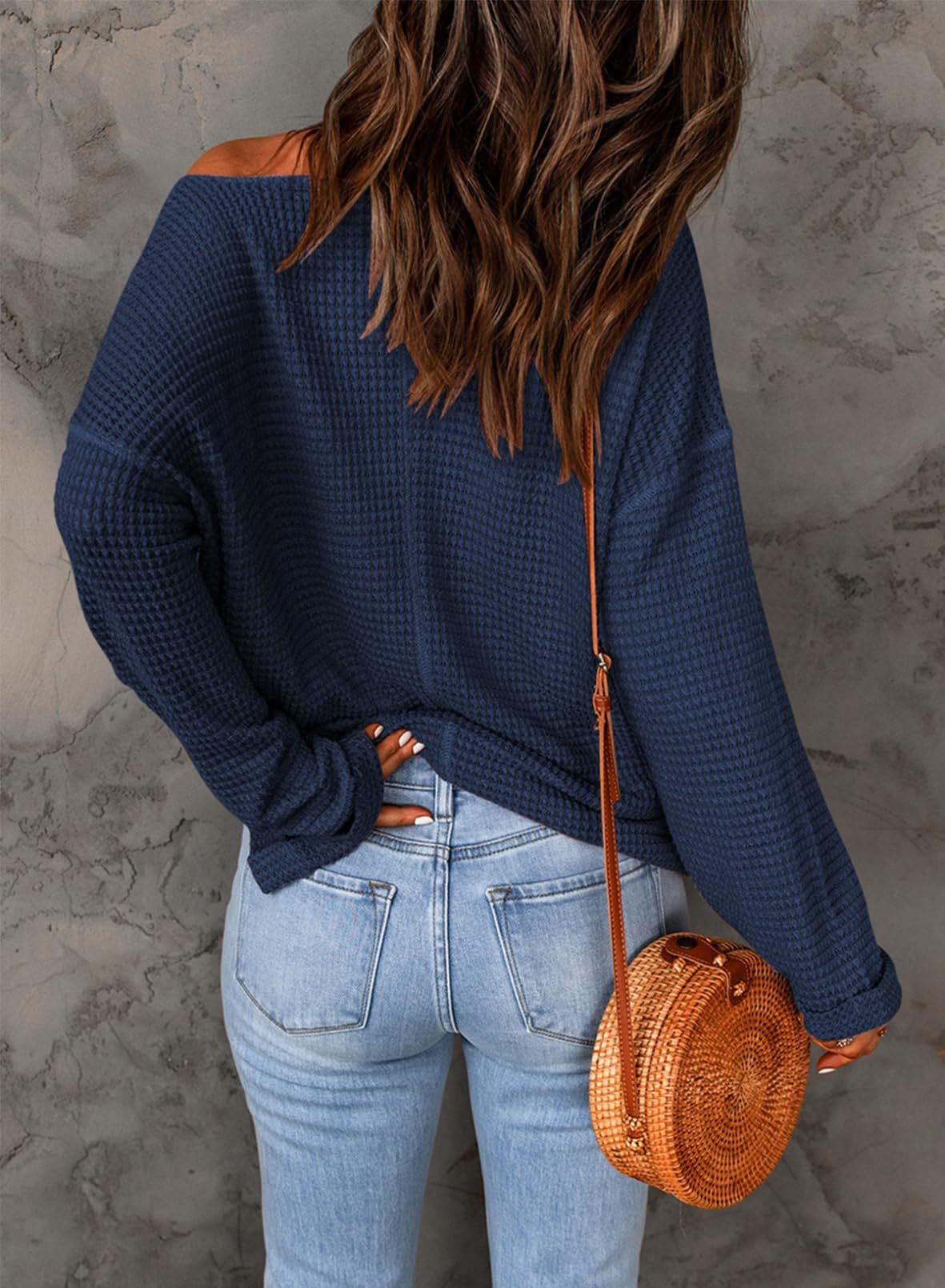 Casual Notched Neck Drop Shoulder Waffle Knit Top
