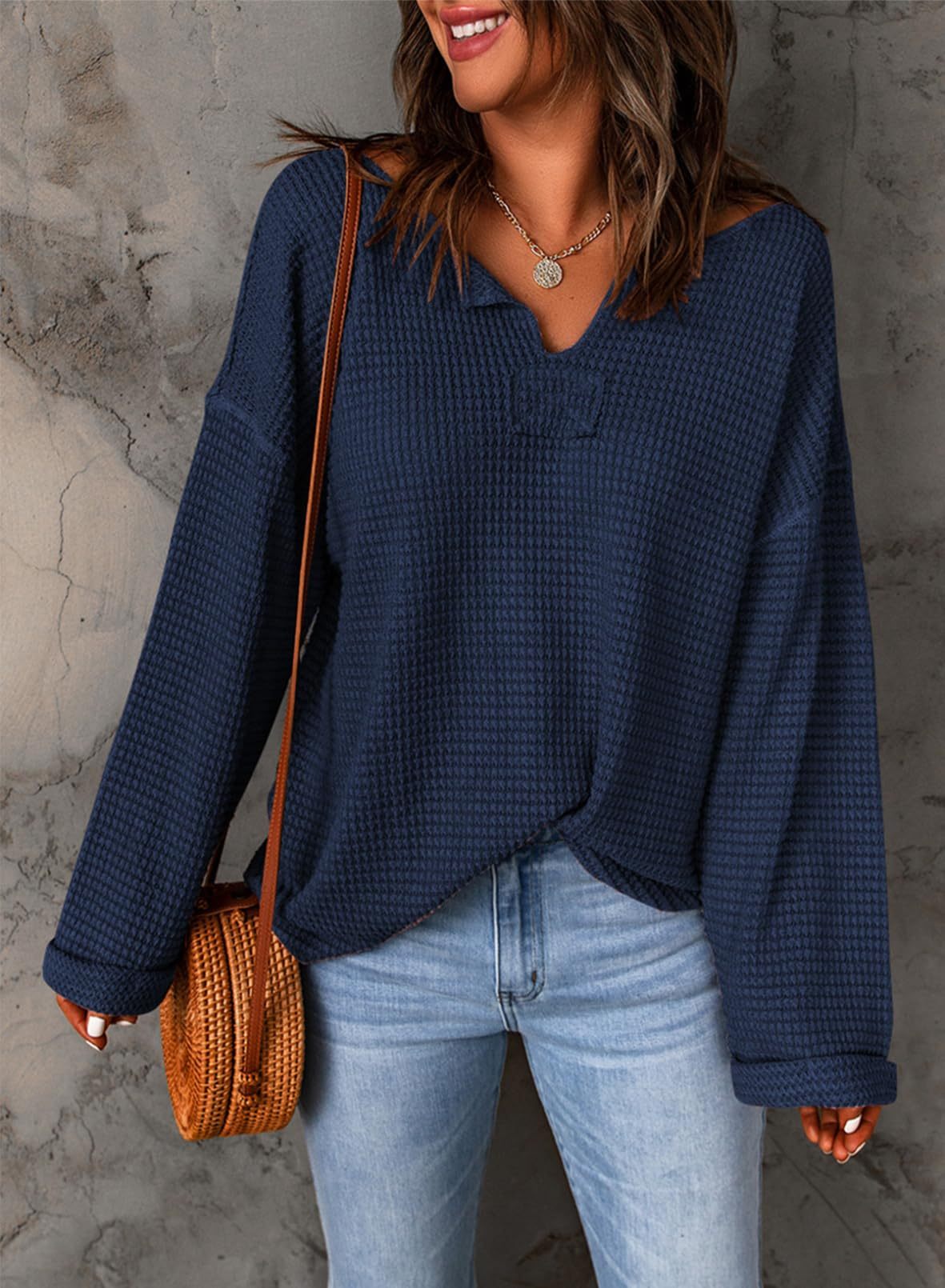 Casual Notched Neck Drop Shoulder Waffle Knit Top
