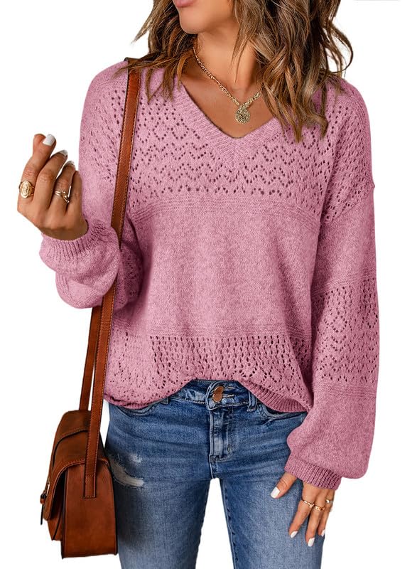 Womens Casual Long Sleeve V Neck Lightweight Crochet Pullover Sweater