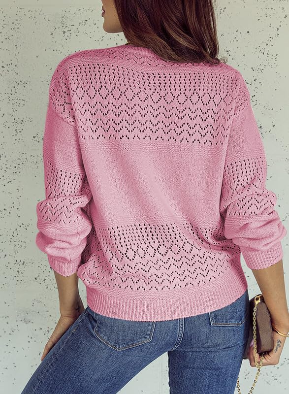 Womens Casual Long Sleeve V Neck Lightweight Crochet Pullover Sweater