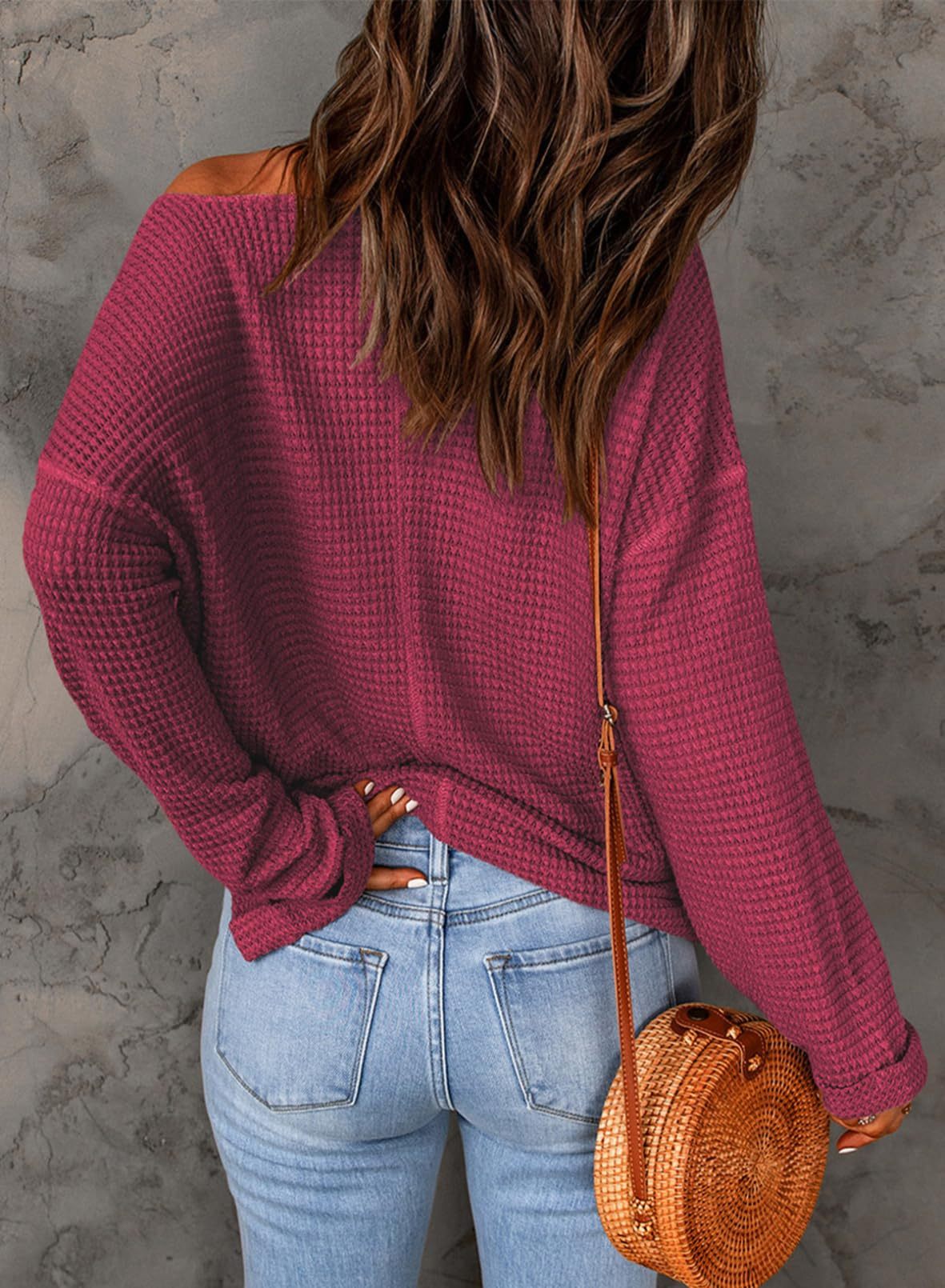 Casual Notched Neck Drop Shoulder Waffle Knit Top