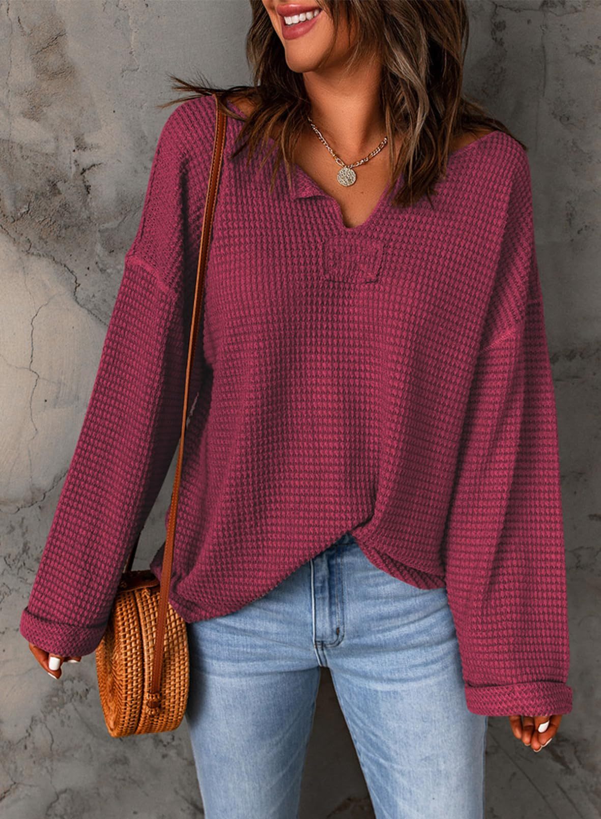 Casual Notched Neck Drop Shoulder Waffle Knit Top