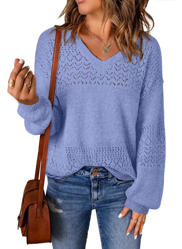 Womens Casual Long Sleeve V Neck Lightweight Crochet Pullover Sweater
