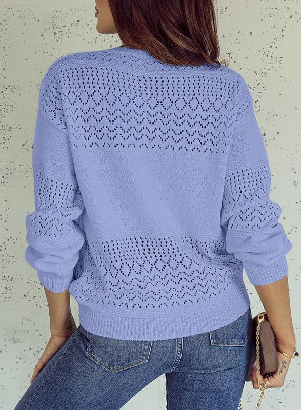 Womens Casual Long Sleeve V Neck Lightweight Crochet Pullover Sweater