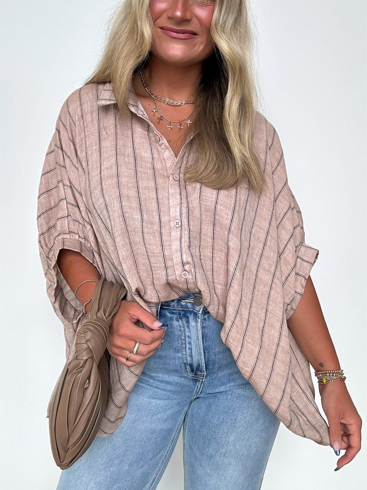 🔥Popular Oversized Striped Button Down Top Shirt jacket(50% OFF🔥)