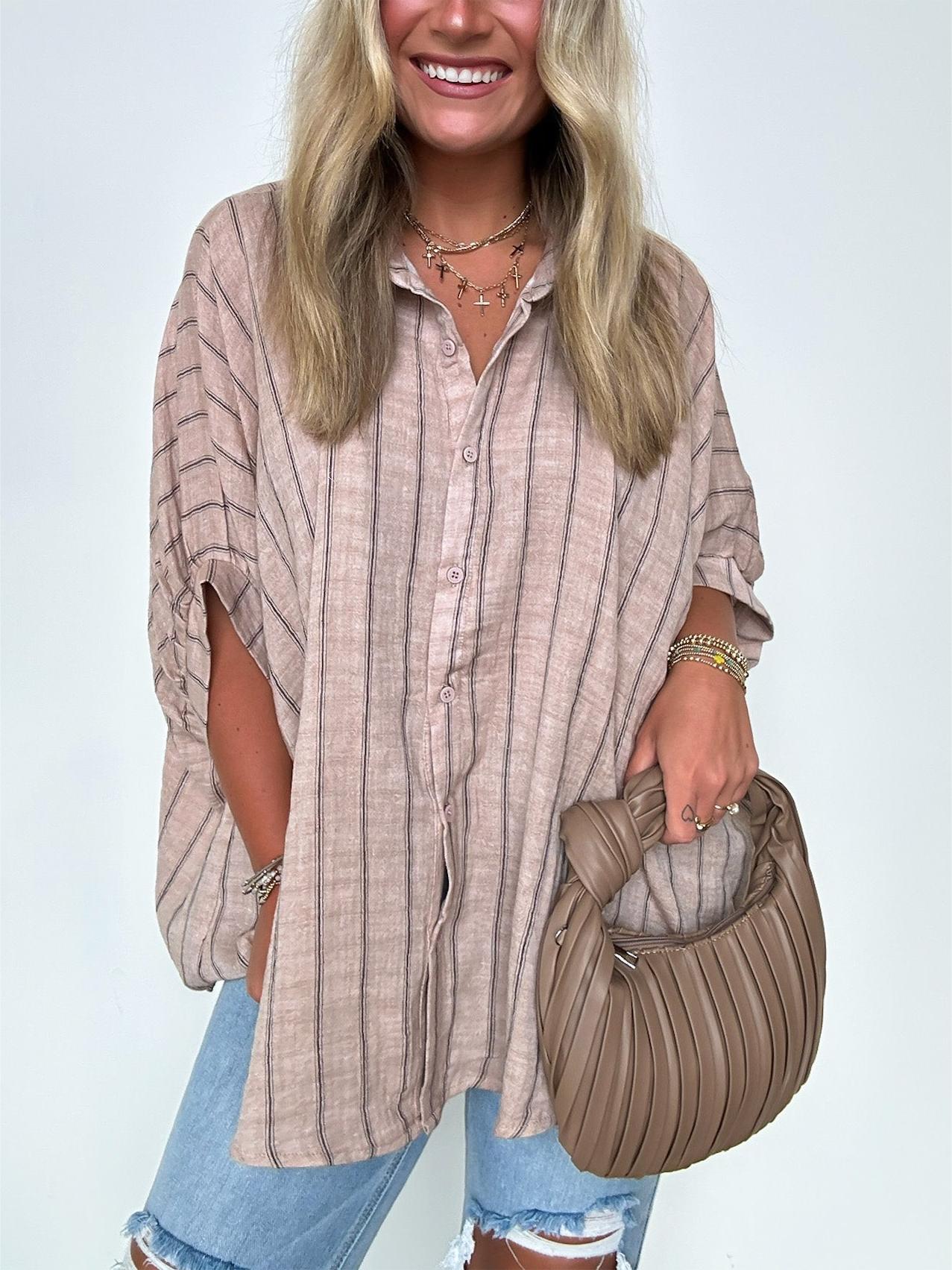 🔥Popular Oversized Striped Button Down Top Shirt jacket(50% OFF🔥)