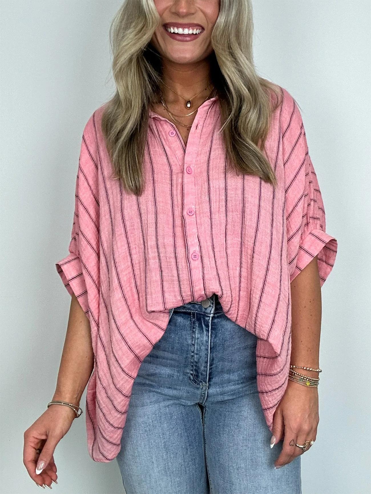 2024 Popular Oversized Striped Button Down Top Shirt jacket(50% OFF🔥)
