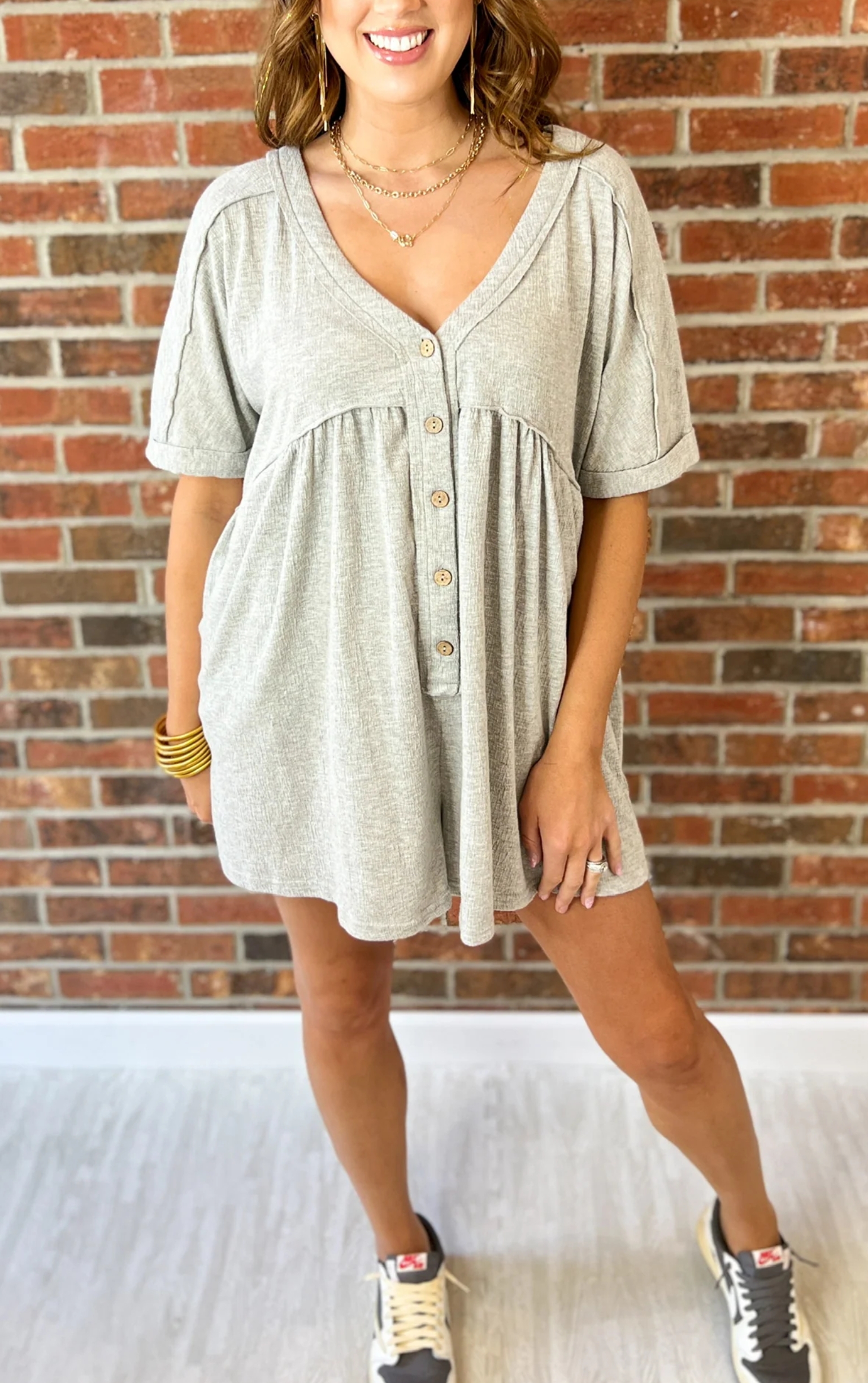 V-Neck Button Romper (Buy 2 Free Shipping)
