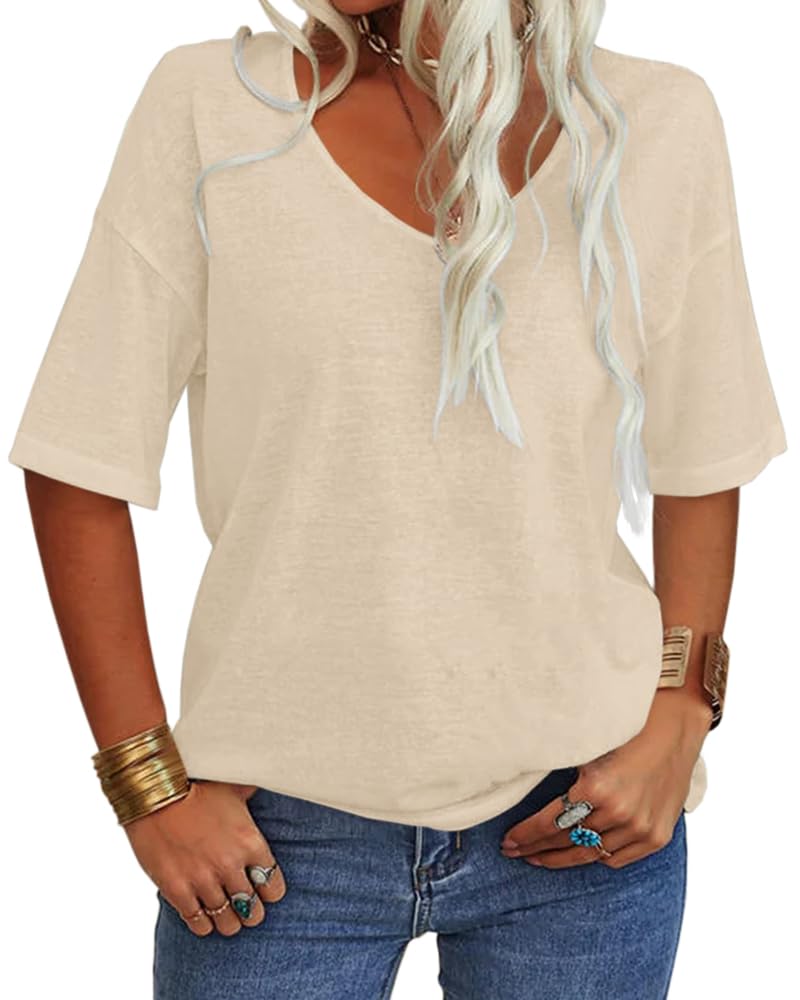 Women's Solid V-Neck Half Sleeves Oversized T Shirt