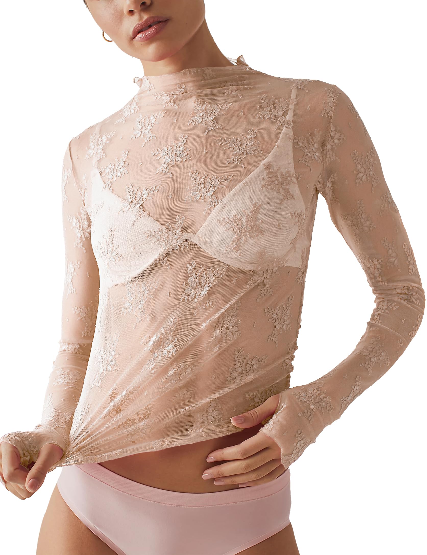 Women's Sexy Long Sleeve Mock Neck Lace Floral Lace Tops