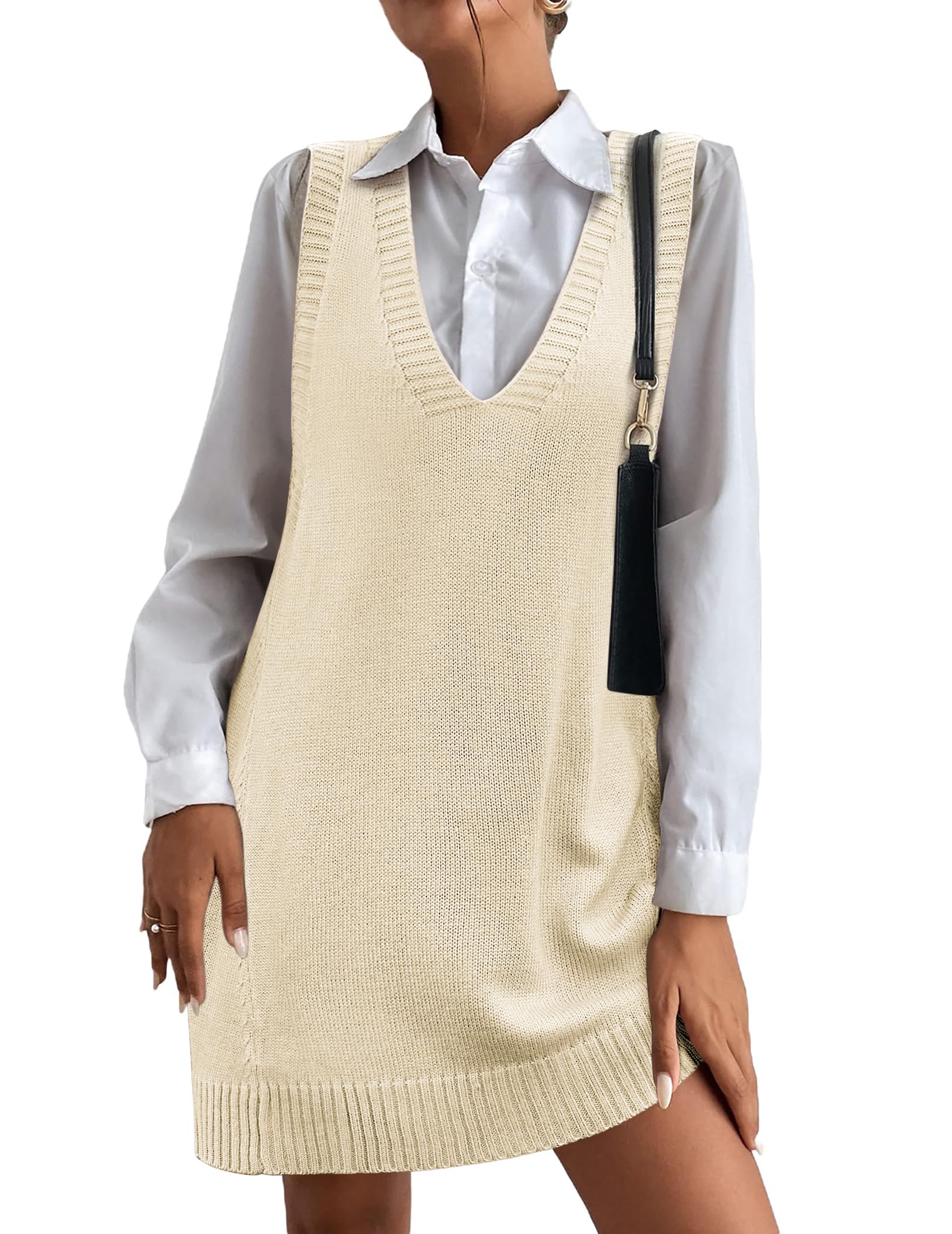 Women Oversized V Neck Sleeveless Knit Pullover Ribbed Vest Dress with Pockets