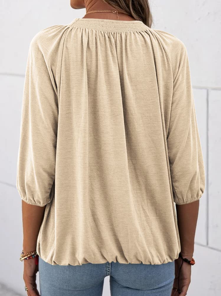 Women's Casual Cotton 3/4 Sleeve Loose Pleated Basic Tops