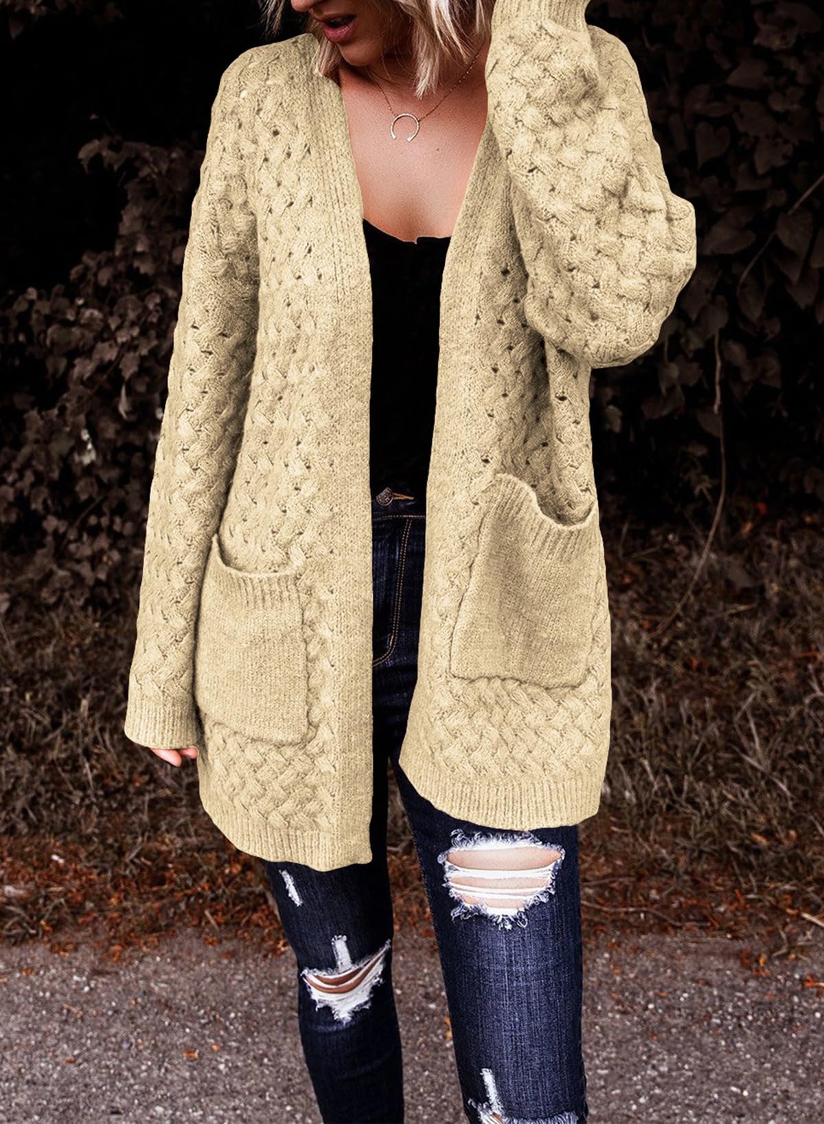 Women's Casual Open Front Long Sleeve Chunky Cable Knit Cardigans With Pockets